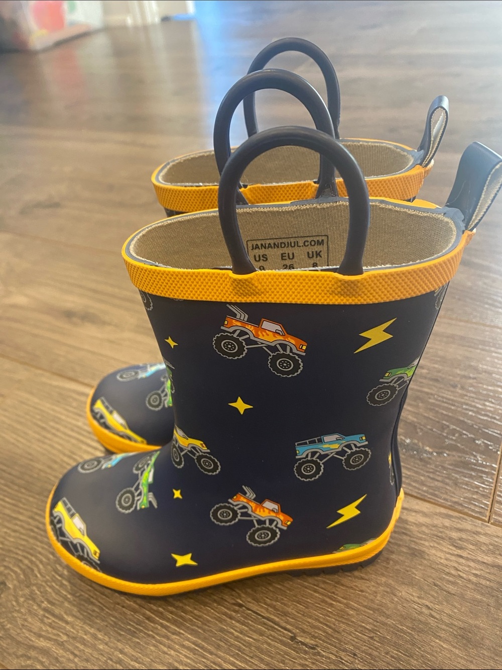 Jan & Jul Kids' Navy Monster Truck Rain Boots with Yellow Trim